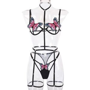 New Butterfly Strappy Sexy Lingerie 3 Piece Set Bra Panties Garter Belt Choker